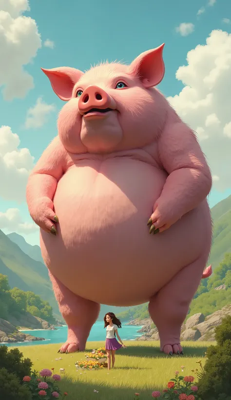 A giant pig,About the size of a man, Fat guy, in a beautiful place, The women with a bowl of food, They affectionately put it in the pig's huge mouth 