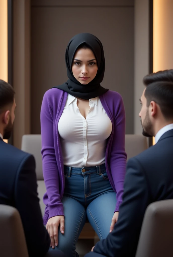 A married young woman sitting on a modern sofa, exuding lust and desires. She is dressed in a white shirt complemented by a vibrant purple cardigan, with a black hijab styled loosely and jeans. Two men in formal suits sit across from her, their backs facin...