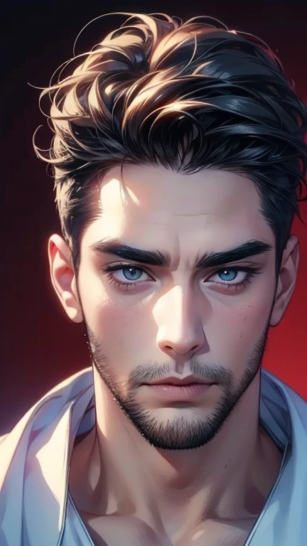 (  stupid,4K,8k,  highres,  masterpiece:1.2),  ultra-detailed,(realistic,photorealistic,photo-realistic:1.37),36-year-old man,3 day beard,cute anime ,Portraits,strong,Masculine,  dark hair,sharp jaw,    mesmerizing eyes    ,  perfectly combed hair,  cool a...