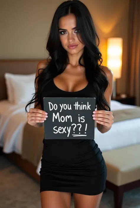 full-body shot of a beautiful woman with long black hair posing in a luxury hotel room, wearing a sexy black dress skirt and a black top tank, she has brown eyes, her facial expression show her sadness, she holds a sign that reads “Do you think Mom is sexy...