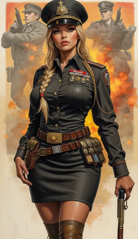 the proportions and detailed textures multicolor brushwork and softened with airbrush, semi-realistic ink china illustration of a strong and beautiful young girl in a steampunk style police uniform and epic fantasy (full body pose, with a confident and dar...