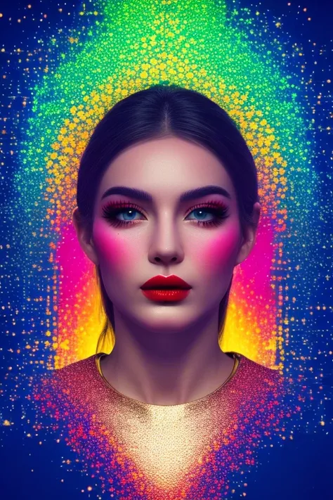 abstract photorealistic ink image in vivid, surreal colour glitch gradient, gold, red and blue colour scheme, a captivating female ninja warrior, detailed hazel eyes, red lips, her face cracked into fractal plates