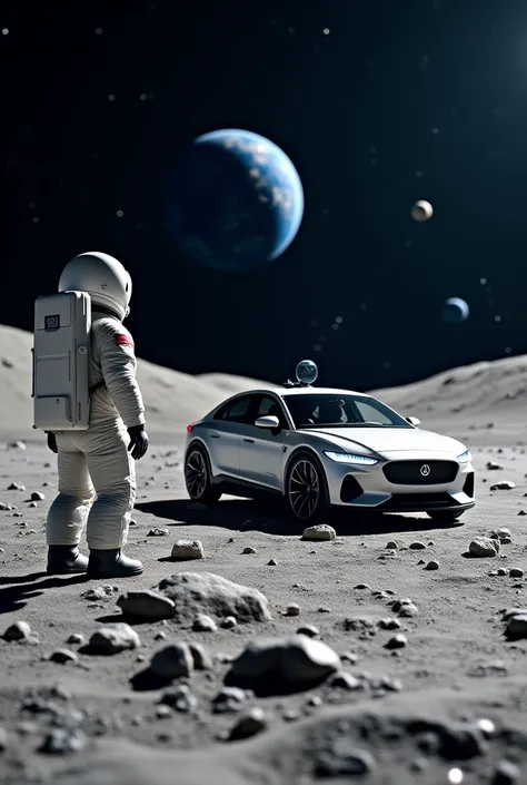 a modern sedan car with a geolocation symbol on the roof,  on the lunar surface while a surprised astronaut observes it from afar in space we can see the Earth floating
