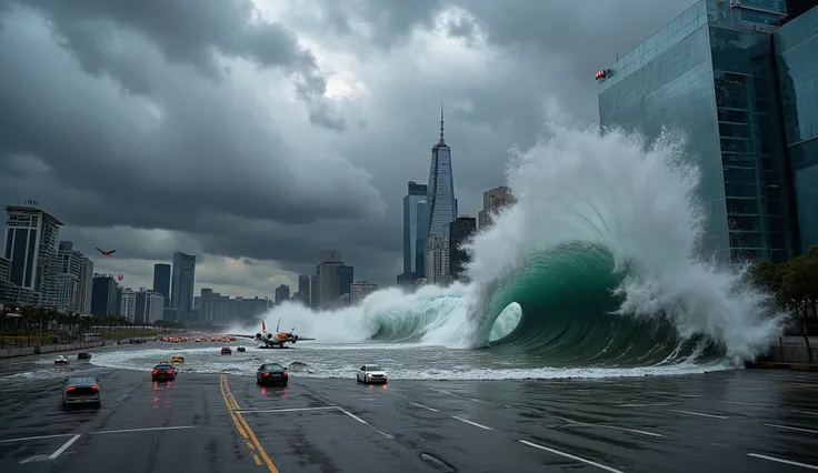 A dark stormy sky looms over the city. A deafening siren warns of an incoming tsunami. The streets are filled with cars honking in panic, trying to escape. Suddenly, a colossal wave smashes through a glass skyscraper, sending debris flying everywhere. A pl...