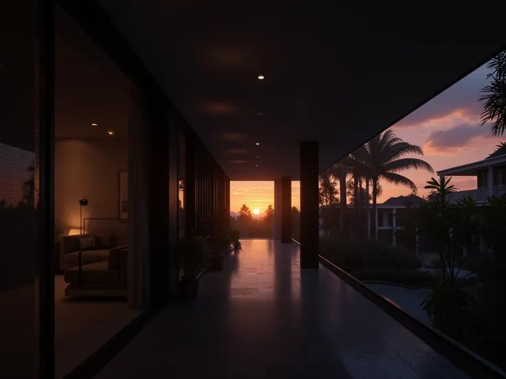  Hyper realistic photo inside a house, a long corridor of a modern house  , with rooms and windows on the sides. Ambience dark sunset rainy environment 