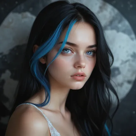 High Resolution, Looking at viewer, Long hair, Black Hair, Blue Highlights, Silver Eyes, Parted Lips, Sad Face, Best Quality, Detailed Background