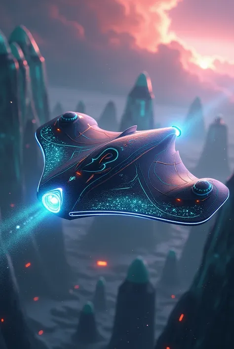 " A futuristic drone called Nebula-X9 ,  with an aerodynamic design inspired by a stingray , curved and fluid wings ,  and an organic central body .  Matte black base color with luminescent details in shades of blue ,  red and green that mix like an aurora...