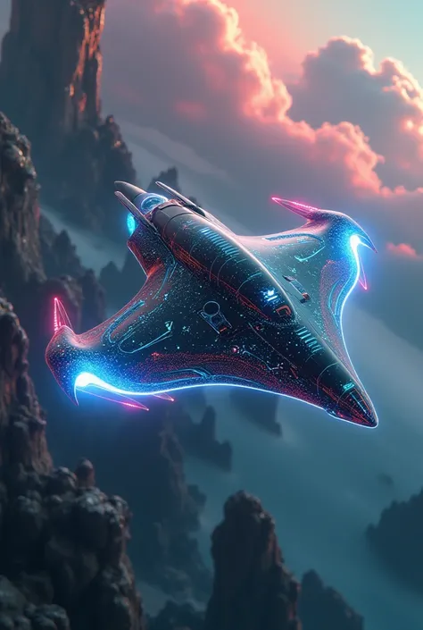 " A futuristic drone called Nebula-X9 ,  with an aerodynamic design inspired by a stingray , curved and fluid wings ,  and an organic central body .  Matte black base color with luminescent details in shades of blue ,  red and green that mix like an aurora...