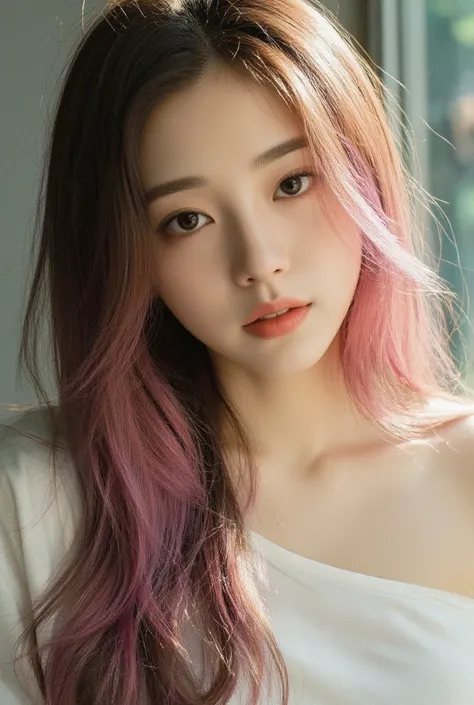  Masterpiece,  top quality, 4K,  photorealistic, Bokeh, Awareness-raising, girl, ( charming eye for perfect detail :1.2),  colorful hair, ( gradation hair streaming on youtube), (Soft long hair:1.6),  fantasy background  , ( exposed bare shoulders ), (A sl...