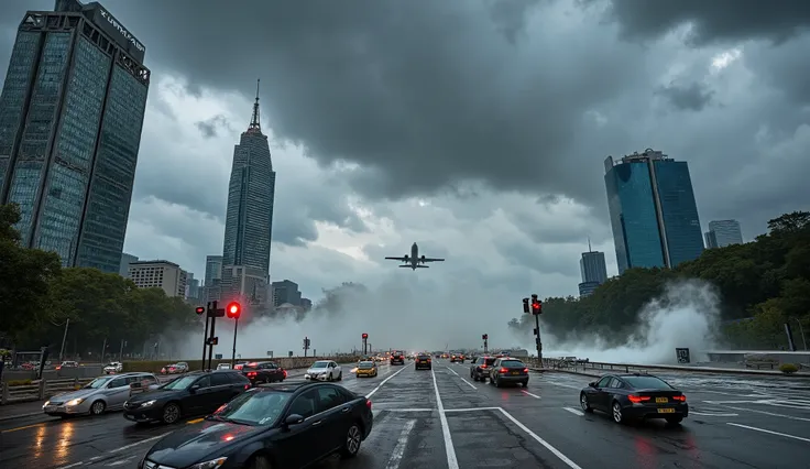A dark stormy sky looms over the city. A deafening siren warns of an incoming tsunami. The streets are filled with cars honking in panic, trying to escape. Suddenly, a colossal wave smashes through a glass skyscraper, sending debris flying everywhere. A pl...