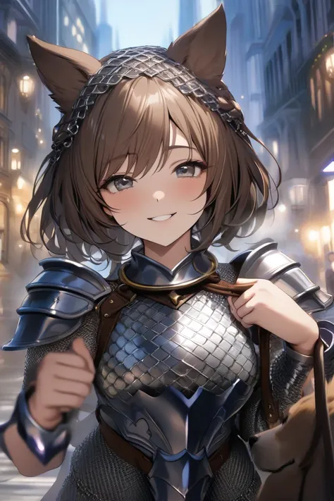 top quality, masterpiece,  Hi-Res, 8k, (1 girl ), Alone, (((face shot))),  brown short hair, Beautiful Girl with Dog Ears, In the city of fantasy ,  droopy eyes , smile,  Chainmail Armor , Holding a slave's collar in his hand