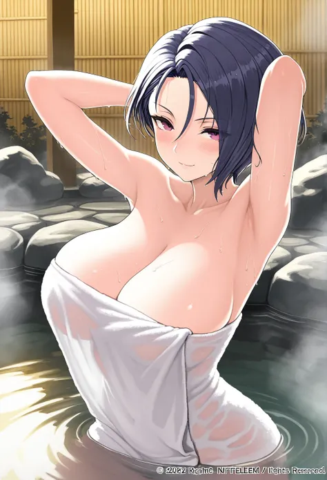 high resolution picture, masterpiece, best quality, amazing quality, official art, solo, 1girl,  Shamir Nevrand from fire emblem, 1girl, shamir , defShamir, short hair, large breasts,                                   BREAK (curvy), steam, osen, naked, in ...