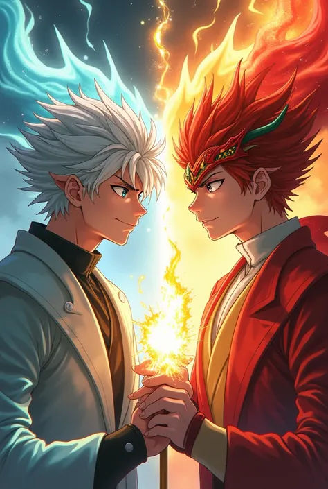  Une image de fond dramatique et émotionnelle de style anime montrant un duel entre deux frères.  L'un d'eux représente les ténèbres et le mal , avec des cheveux courts blanc et rouge ,  yeux ecarlate stylé artificiel avec masque de oni et une aura menaçan...