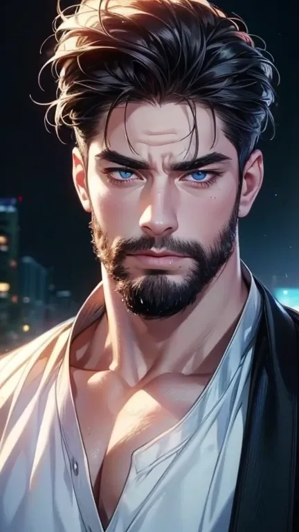 (  stupid,4K,8k,  highres,  masterpiece:1.2),  ultra-detailed,(realistic,photorealistic,photo-realistic:1.37),36-year-old man,3 day beard,cute anime ,Portraits,strong,Masculine,  dark hair,sharp jaw,    mesmerizing eyes    ,  perfectly combed hair,  cool a...