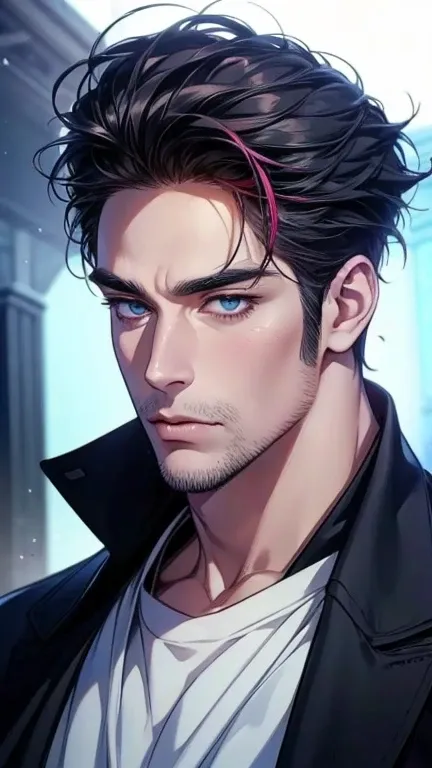 (  stupid,4K,8k,  highres,  masterpiece:1.2),  ultra-detailed,(realistic,photorealistic,photo-realistic:1.37),36-year-old man,3 day beard,cute anime ,Portraits,strong,Masculine,  dark hair,sharp jaw,    mesmerizing eyes    ,  perfectly combed hair,  cool a...