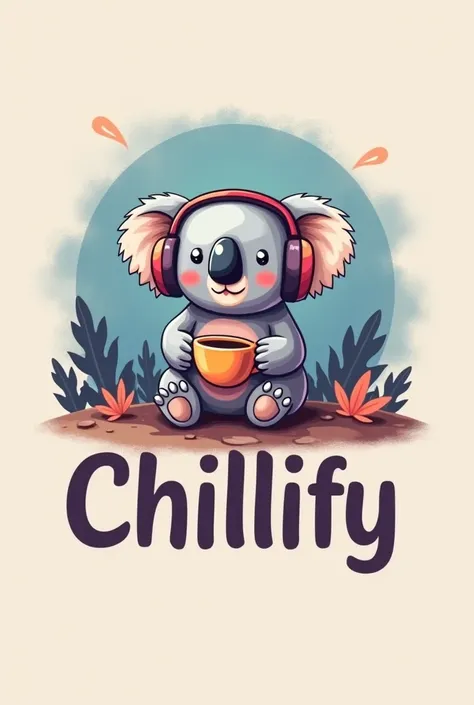 A modern, cozy logo with the word 'Chillify' in a clean, rounded font. A relaxed koala is sitting inside the first letter, wearing over-ear headphones and holding a warm cup of tea or coffee. The design has a soft, dreamy atmosphere with warm and inviting ...