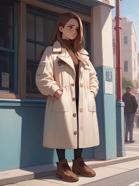 20 years old girl with brown eyes and brown long hair. wearing cotton coat. she is standing on street- she have hands in pocket and she looking forward, she looks sad.view: full body