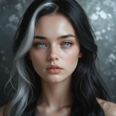 High Resolution, Looking at viewer, Long hair, Black Hair, Silver Highlights, Silver Eyes, Parted Lips, Sad Face, Best Quality, Detailed Background