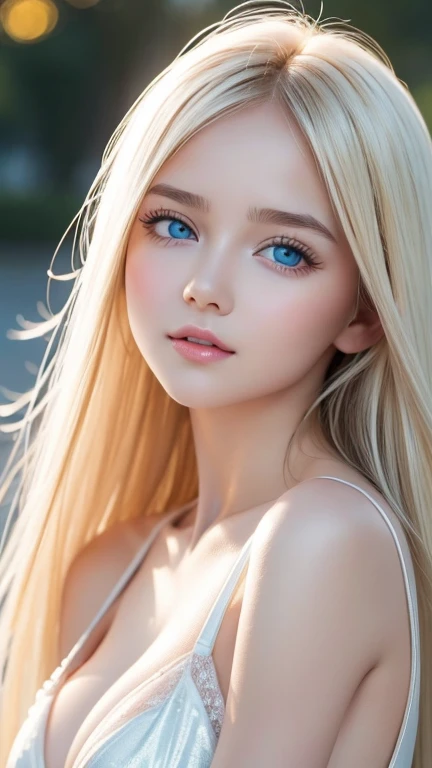 Blonde hair dancing in strong winds interferes with her cute innocent young face、Sexy big boobs、 cute little beautiful face at age 16 、Shiny bright straight super long blonde hair、Cute and beautiful long, silky bangs that cover the space between the eyes、L...