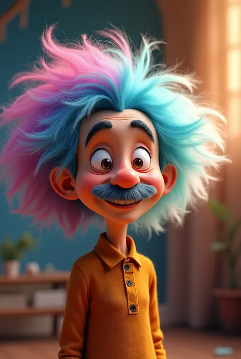 Create an animated character like Albert Einstein with colorful hair,  full color 