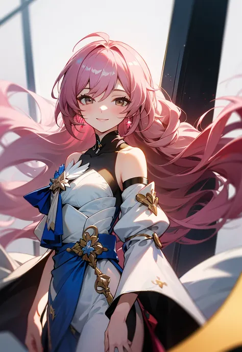 One woman, honkai star rail, honkai style, pink hair, long hair, braids, bangs, golden eyes, smile, beautiful, revealing clothes, greek clothes, pink clothes, pink Veils, golden jewellery, smile, sweet smile, blush, undefined, undefined, undefined, undefin...