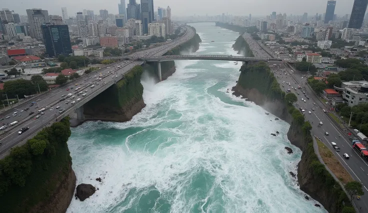 Aerial drone shot of a city as an enormous tsunami engulfs everything in its path. The water swallows bridges, destroys highways, and tosses cars like toys. People are seen running in terror, some climbing buildings. A subway station floods instantly as th...