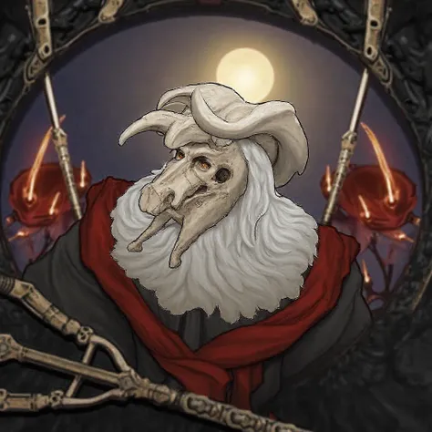 old man in a white shirt, There is a red cloak behind his back,  long white hair , , the boar's skull on the head covers the forehead, eyes can be seen, gold-colored eyes, a trident behind his back. 