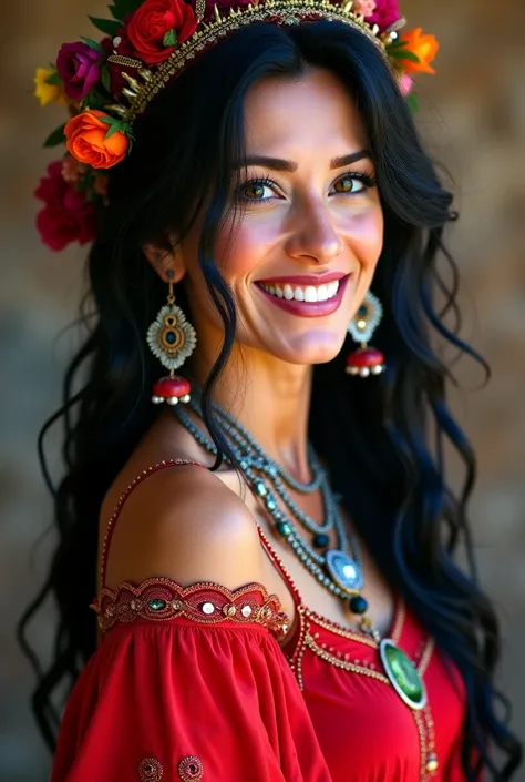 A 50-year-old gypsy lady, super pretty,  uniform with long black hair, usa wears a red dress, Smiling gypsy adornment 