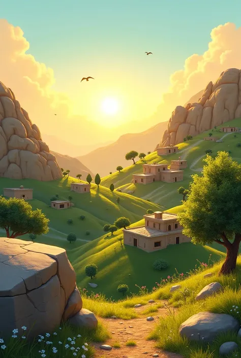 A peaceful Yemeni mountain village during sunset in a semi-realistic, hand-drawn animation style. The scene shows terraced hills covered in green fields, with traditional clay houses built on the slopes. The houses are made of brown and beige stone, with f...