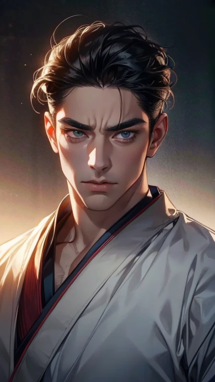 (       ,4K,8k,       highres,       masterpiece :1.2),       ultra-detailed    ,(realistic,photorealistic,photo-realistic:1.37),36-year-old man,3 day beard,Beautiful anime,Portraits,strong,Masculine,        with black hair  ,sharp jaw,             mesmeri...