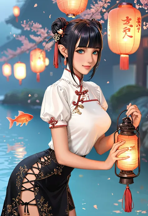 1girl, solo, long hair, blue eyes, black hair, aqua eyes, happy, closed mouth,medium breasts, hair bun, double bun, horns,blunt bangs, looking at object, looking at lantern, holding lantern,bend over, shirt, skirt, long sleeves, ribbon, jewelry, white shir...