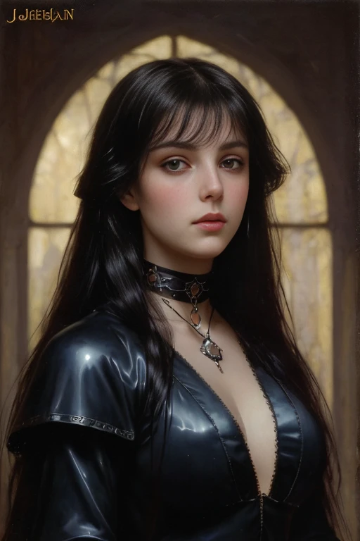 Beautiful [ginger::.2] (paladin:1.0), (gothic choker, ribbons), o-ring collar, dark hair, gothic, jewelry, erotic fantasy art, concept art, delicate features, feminine eyes, Chiaroscuro , (style of [howard chandler christy:Karol Bak:.2]:1.0), 8k, highest q...