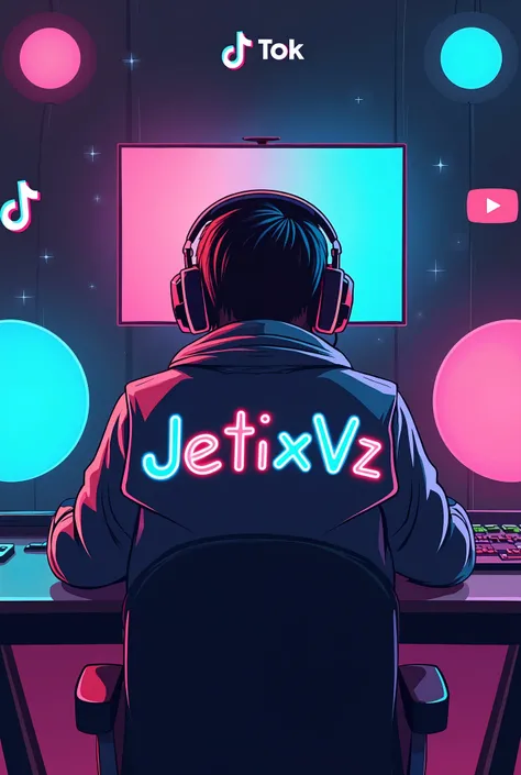 A digital illustration of a gaming setup with a gamer wearing a headset and a jacket. In the center, there's the text "JetixVz" written in colorful letters. There are two colored circles on the left and right sides. Surrounding the setup are the logos of T...