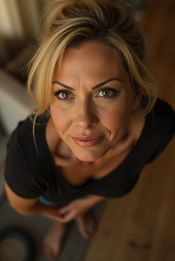 Amateur photo, sharp detail, realistic detail, bokeh. Closeup, cinematic lighting. Dramatic low angle at subject leaning forward to look at the viewer. A beautiful curvy American woman, smile lines, wrinkles, 52 years old, blonde hair in messy bun, large d...