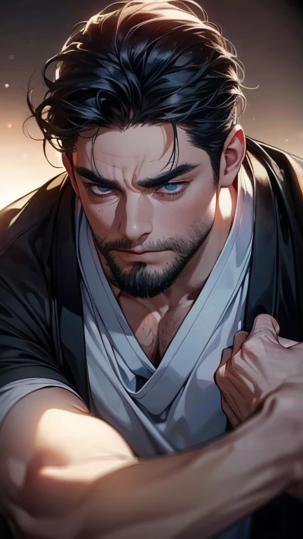 (       ,4K,8k,       highres,       masterpiece :1.2),       ultra-detailed    ,(realistic,photorealistic,photo-realistic:1.37),36-year-old man,3 day beard,Beautiful anime,Portraits,strong,Masculine,        with black hair  ,sharp jaw,             mesmeri...