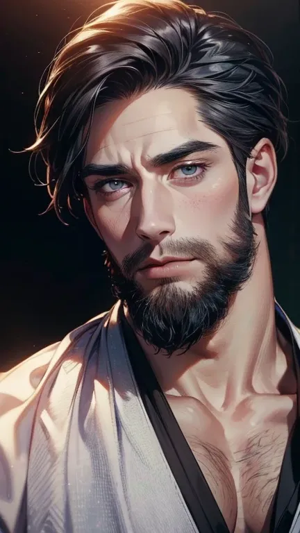 (       ,4K,8k,       highres,       masterpiece :1.2),       ultra-detailed    ,(realistic,photorealistic,photo-realistic:1.37),36-year-old man,3 day beard,Beautiful anime,Portraits,strong,Masculine,        with black hair  ,sharp jaw,             mesmeri...