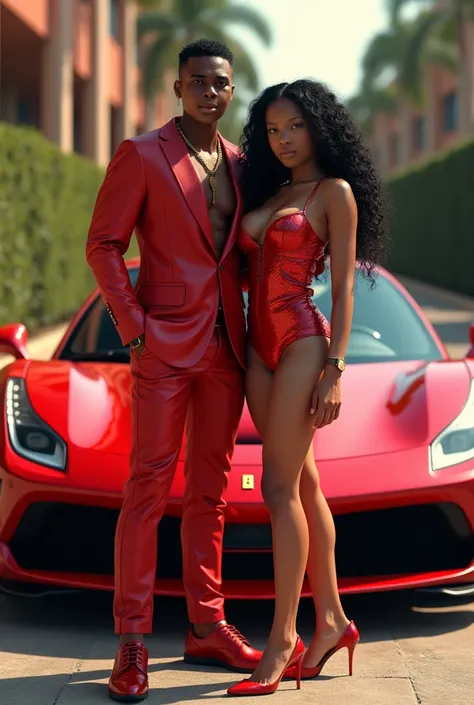 Me in my gucci outfit standing infront of my Ferrari car as a curvey woman wearing a Brazilian weave