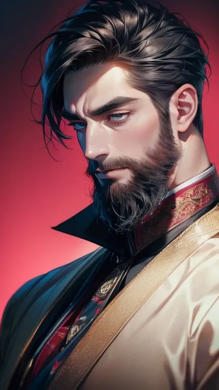 (       ,4K,8k,       highres,       masterpiece :1.2),       ultra-detailed    ,(realistic,photorealistic,photo-realistic:1.37),36-year-old man,3 day beard,Beautiful anime,Portraits,strong,Masculine,        with black hair  ,sharp jaw,             mesmeri...