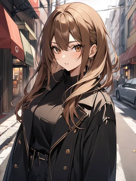 Girl 20 years with btown hair and brown eyes standing on street. she is wearing black cotton coat. 