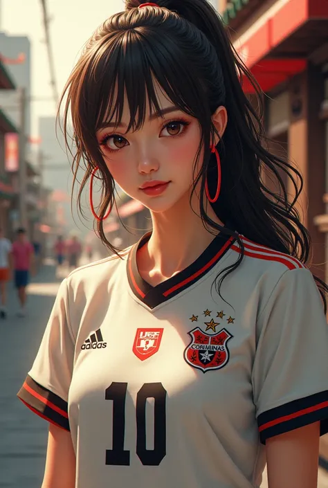 Draw a beautiful young woman wearing the Corinthians jersey in Japan 