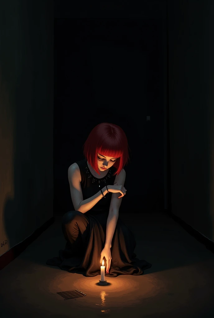 Sad goth girl with short red hair crouching down looking at a small candle placed on the floor shining dimly in the dark 