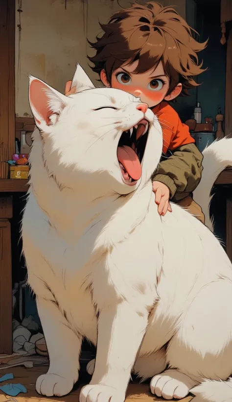 Fat cat with a cute expression,  white cat yawning,  The little shriveled boy is climbing on the cat's back ,  The boy has brown hair and a red shirt,  Compa