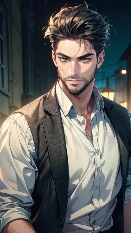 (   ,4K,8k,     highres,     masterpiece:1.2),     ultra-detailed,(realistic,photorealistic,photo-realistic:1.37),36-year-old man,3 day beard,cute anime ,Portraits,strong,Masculine,     dark hair,sharp jaw, mesmerizing gray-green eyes ,     perfectly combe...