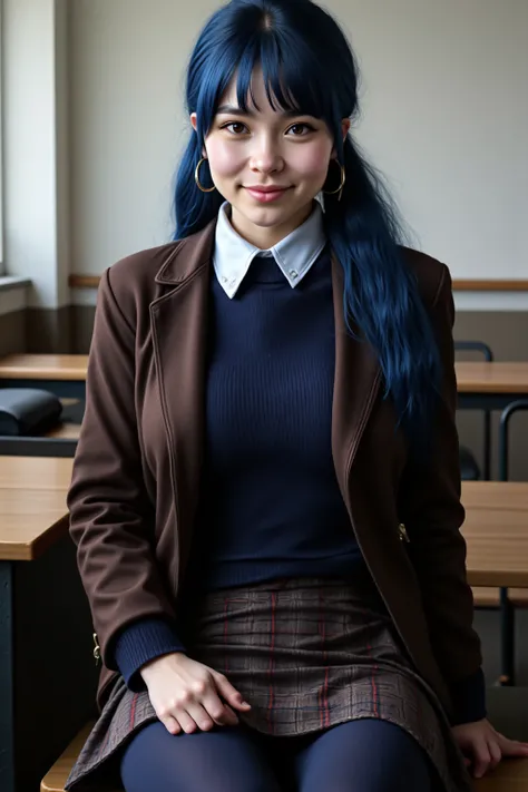  highest quality, 4K, 8k,  high resolution ,  masterpiece, real,  realistic,  realistic:1.3), ( upper body),  girl sitting on the school desk in the classroom ,  blue scarf uniform ,  dark brown blazer ,  brown checkered skirt , girls makeup,  is wearing a...