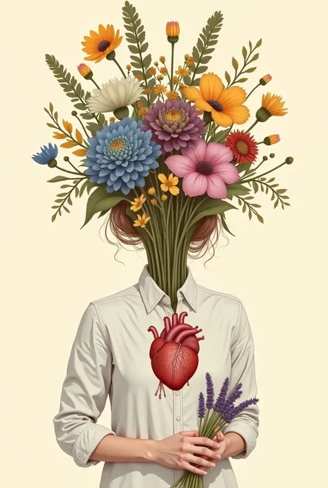  An illustration of a woman with a bouquet of vibrantly colored flowers growing instead of her head.   The style should be similar to the example provided , with clean drawing lines and soft colors .  The woman wears a dress shirt and on her chest ,  Inste...