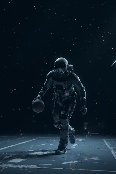 a man in a space suit playing basket ball, dramatic lighting, realistic