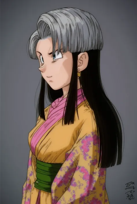 Chichi from Dragon Ball Z, Wearing Hanfu clothing, hair parted in the middle with long side bangs below the cheek, hair turning gray, long hair, She has a more mature appearance at 60 years old