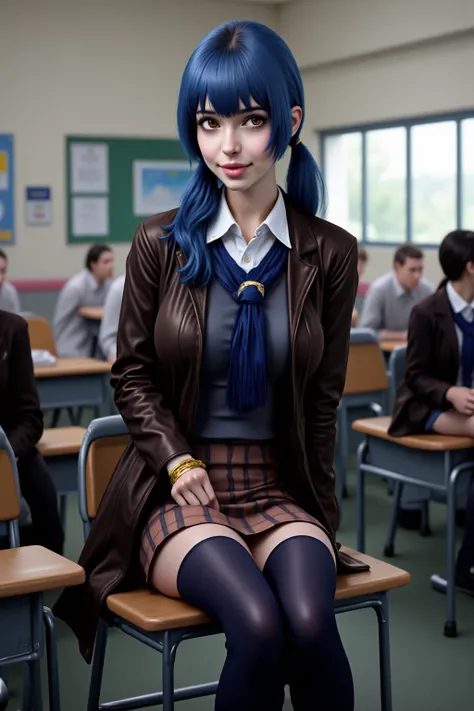  highest quality, 4K, 8k,  high resolution ,  masterpiece, real,  realistic,  realistic:1.3), ( upper body),  girl sitting on the school desk in the classroom ,  blue scarf uniform ,  dark brown blazer ,  brown checkered skirt , girls makeup,  is wearing a...