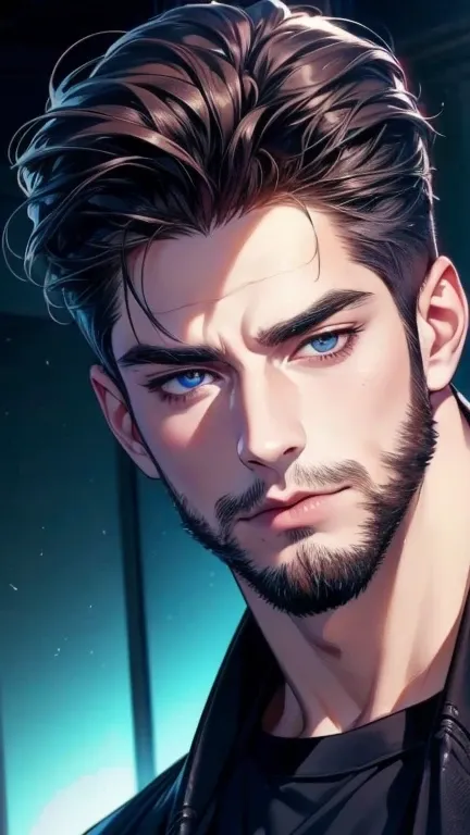 (  stupid,4K,8k,  highres,  masterpiece:1.2),  ultra-detailed,(realistic,photorealistic,photo-realistic:1.37),36-year-old man,3 day beard,cute anime ,Portraits,strong,Masculine,  dark hair,sharp jaw,    mesmerizing eyes    ,  perfectly combed hair,  cool a...