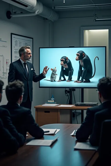 Meeting of several people in a research room

An elegant man standing points at the TV

On the TV there is an image of a monkey wearing a suit and next to the monkey on the TV there is an image of a mouse wearing a suit 
